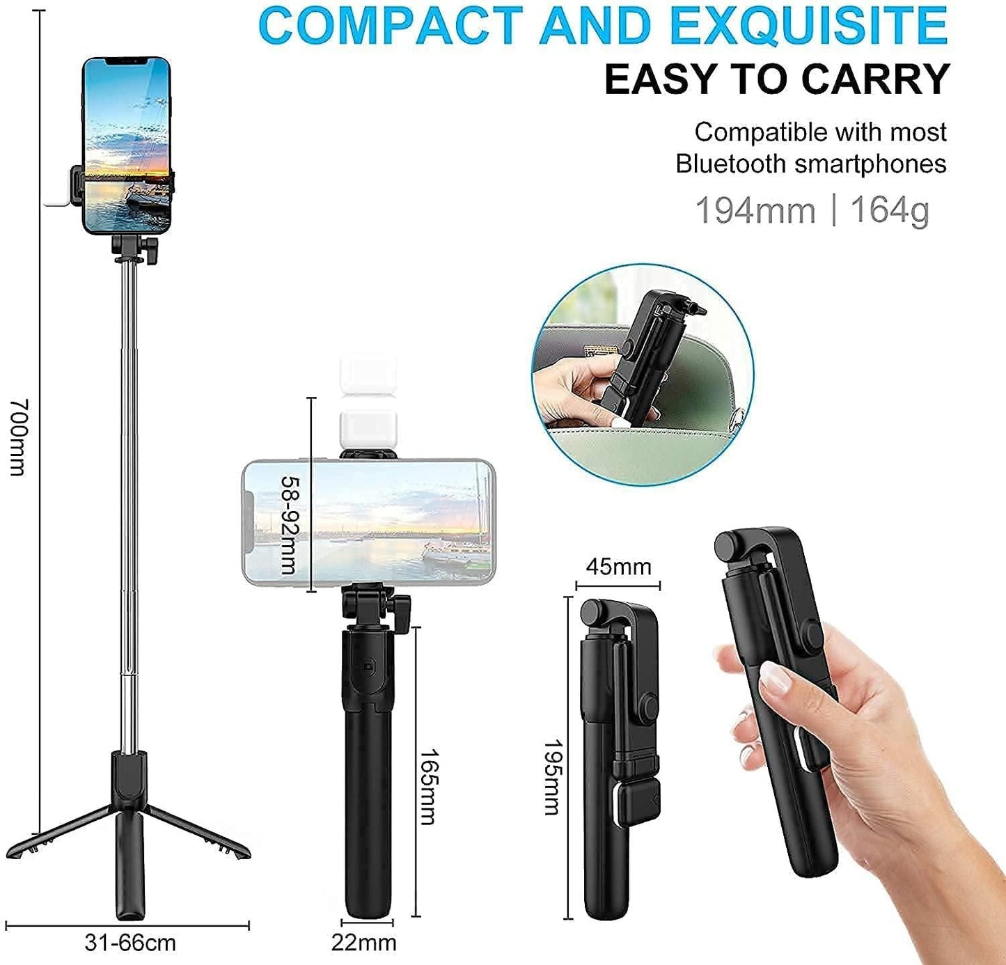 Extendable Flash 3 - in - 1 Selfie Stick Tripod with Bluetooth Remote - My Store