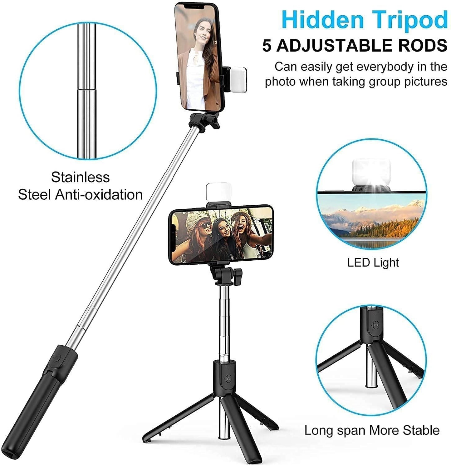 Extendable Flash 3 - in - 1 Selfie Stick Tripod with Bluetooth Remote - My Store