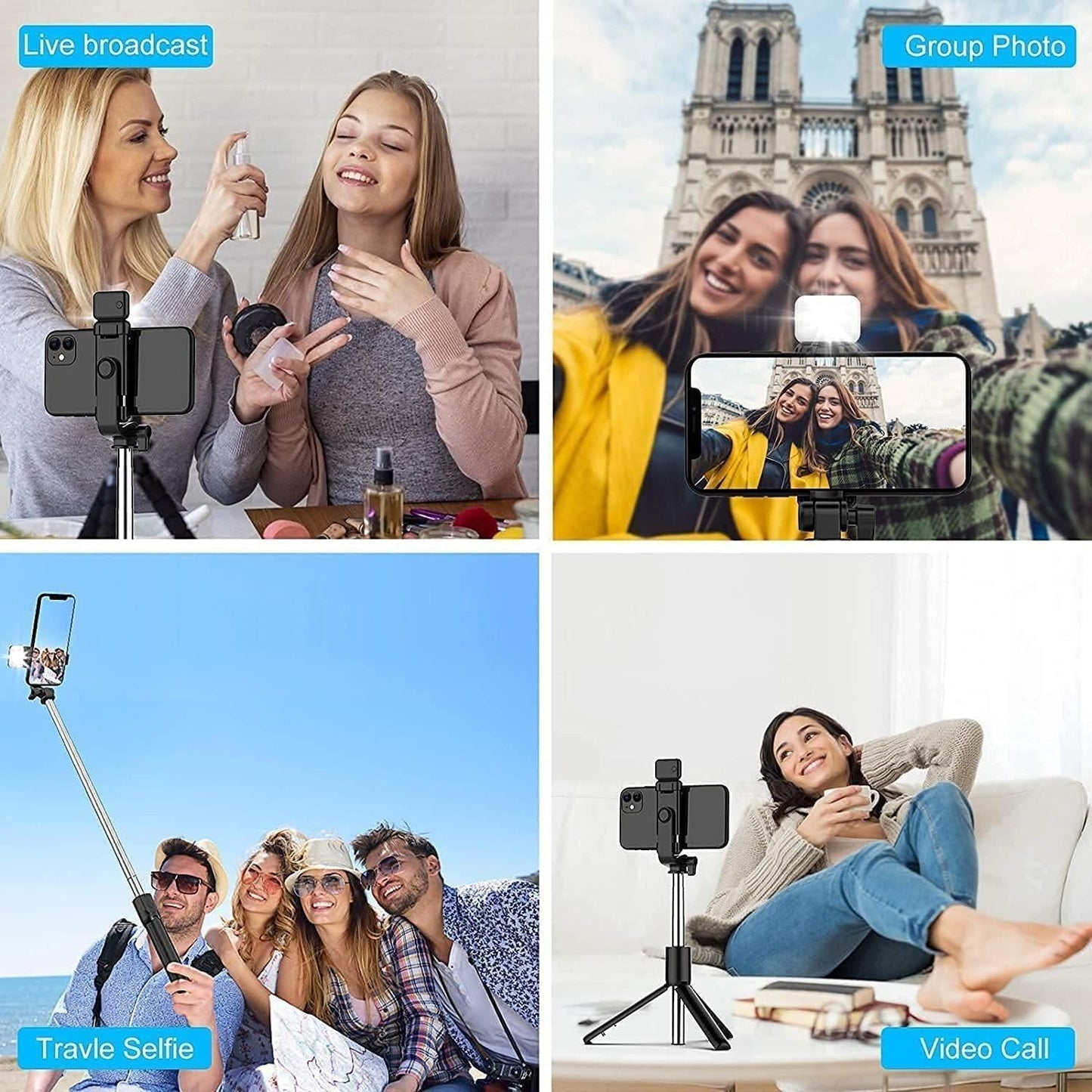 Extendable Flash 3 - in - 1 Selfie Stick Tripod with Bluetooth Remote - My Store