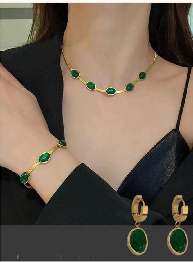 Oval Green Crystal Pendant Necklace Set With Bracelet - My Store